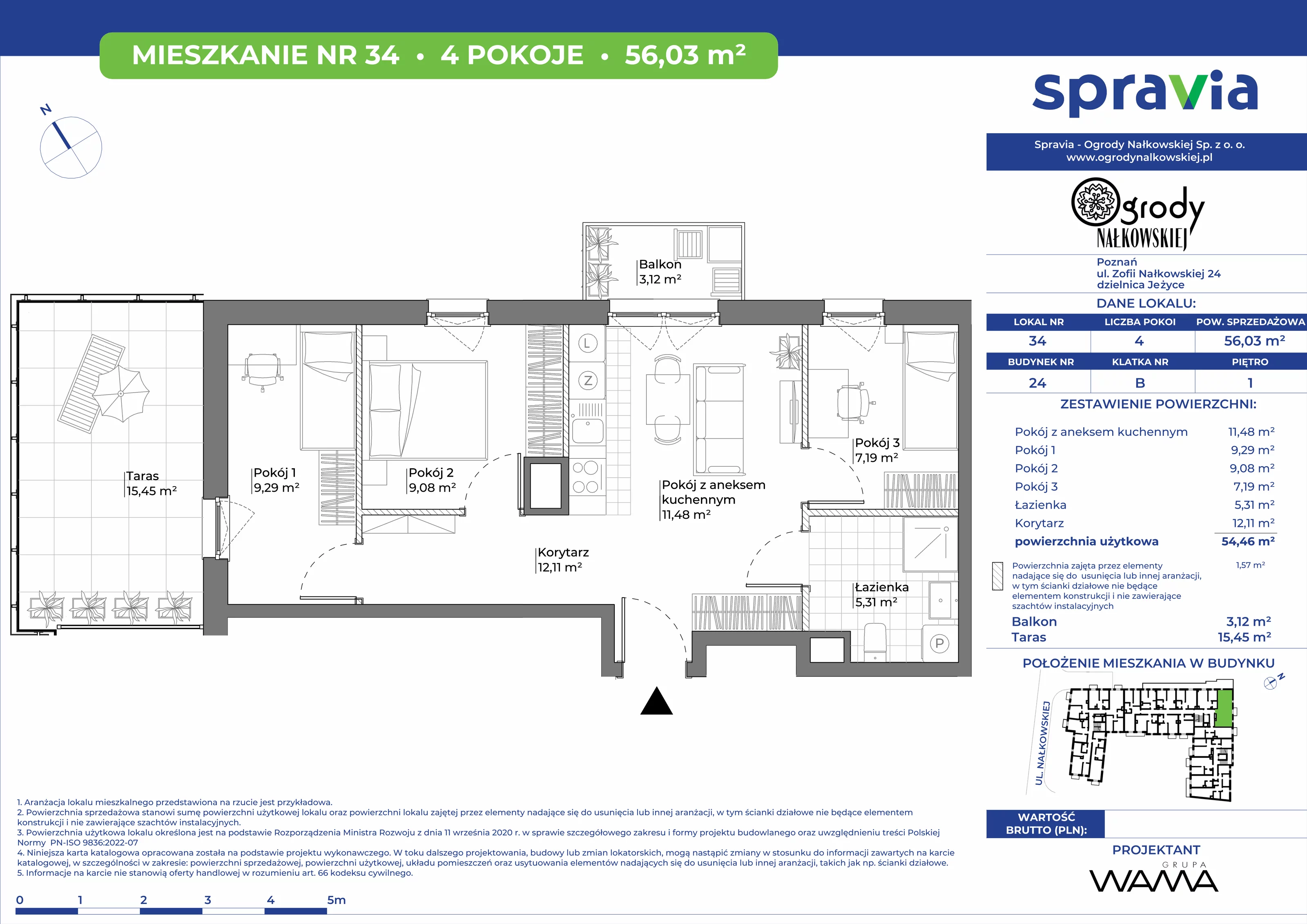 4 pokoje, mieszkanie 56,03 m², piętro 1, oferta nr 24-34, Ogrody Nałkowskiej, Poznań, Ogrody, ul. Nałkowskiej 24, 26